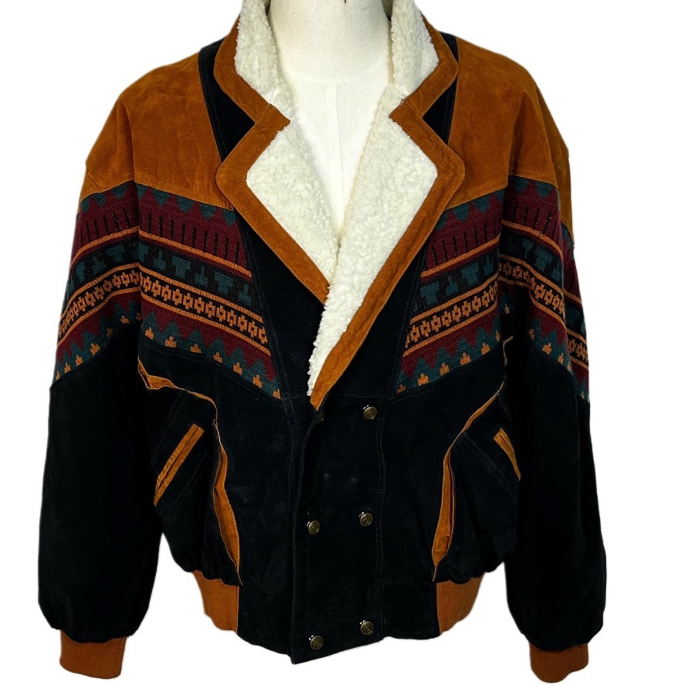 Scorpio Leather Bomber Jacket Mixed Media Men’s Sz XL Southwestern Western Vtg